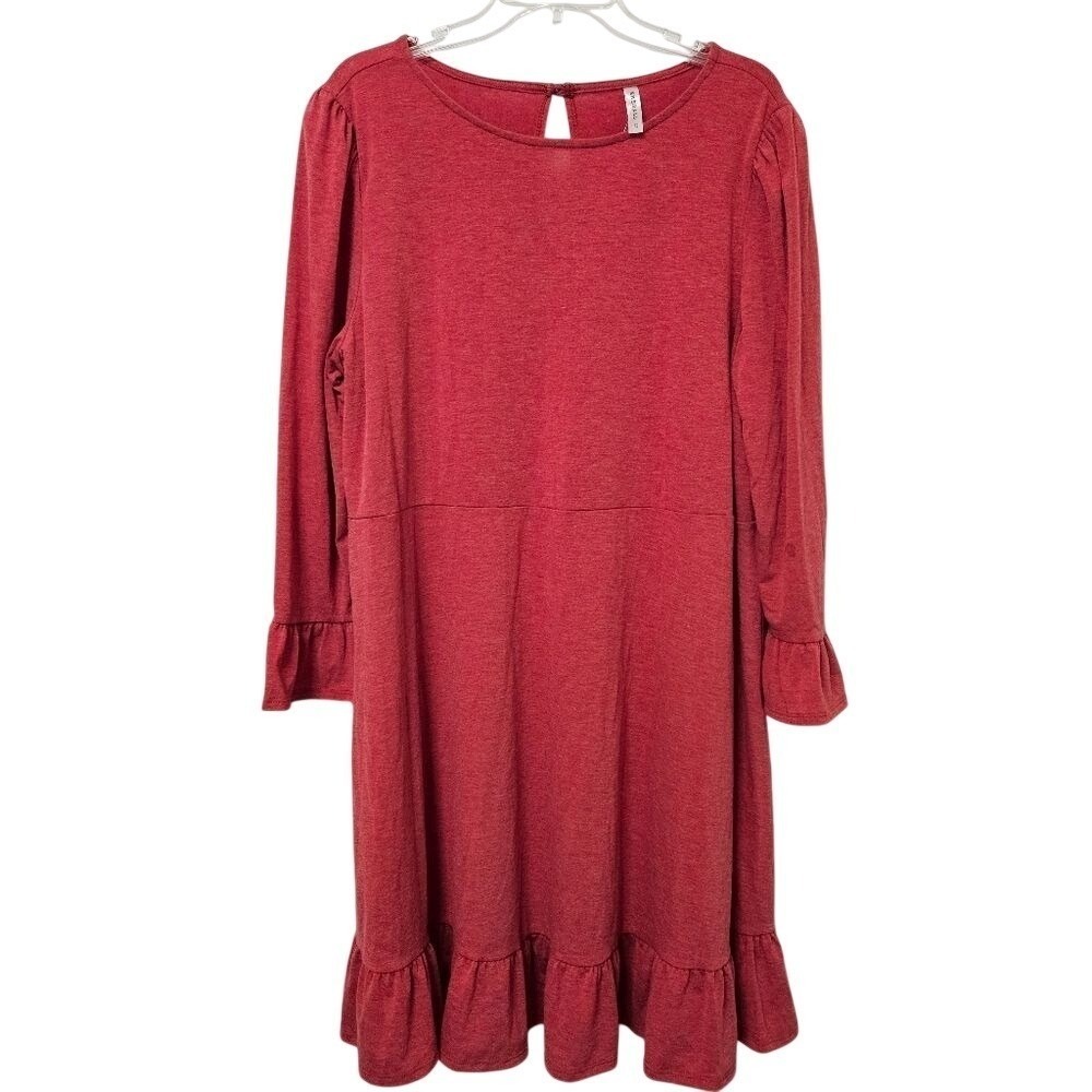 Emerald Dress Women 2X Red Ruffle Hem Empire Waist Long Sleeve Jersey Knit NEW